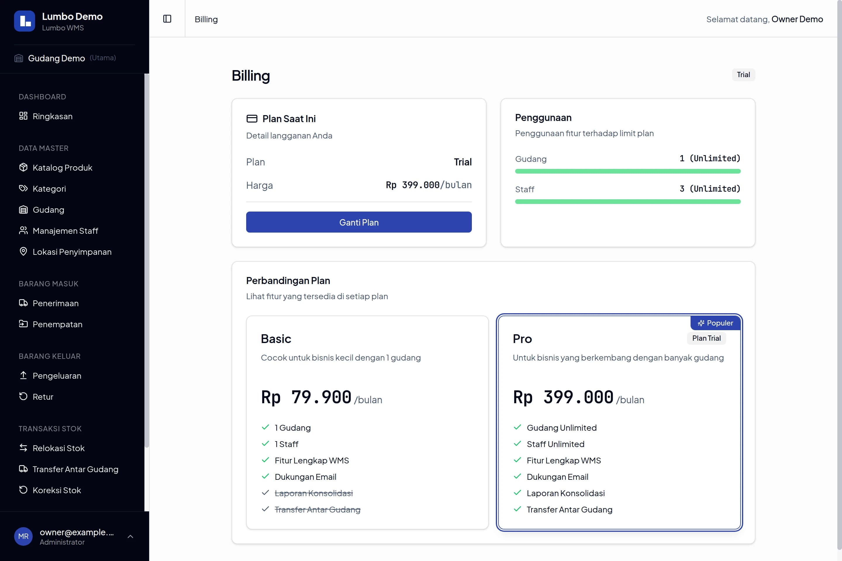 Halaman Billing Lumbo dengan Plan Saat Ini, Penggunaan, dan Perbandingan Plan Basic dan Pro