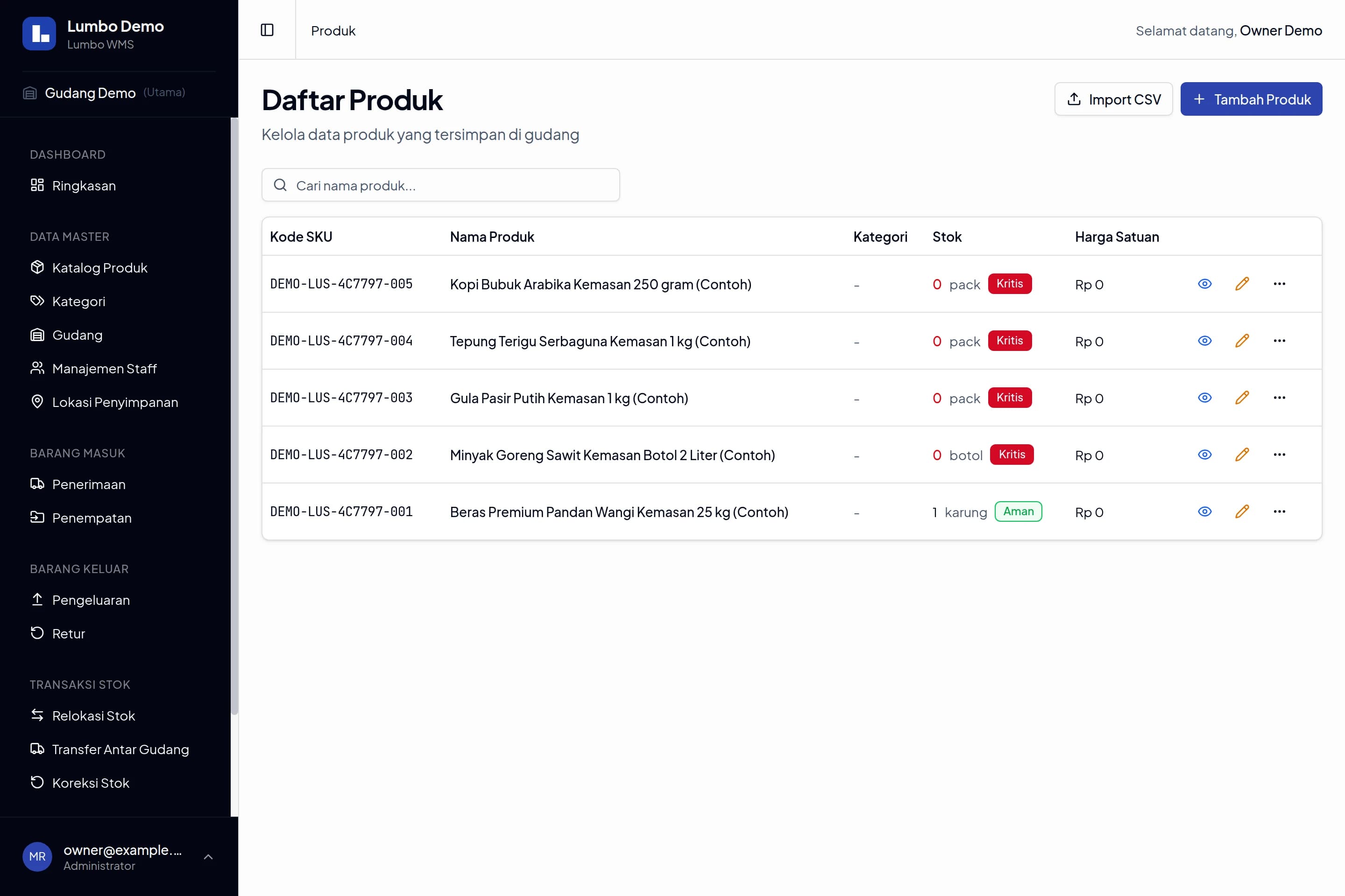 Katalog Lumbo berisi produk demo, kode SKU, jumlah stok, status stok, dan tombol aksi