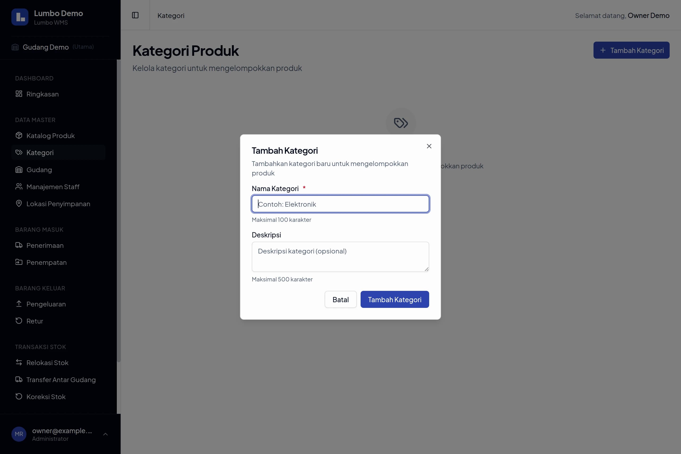 Dialog Tambah Kategori Lumbo dengan kolom Nama Kategori dan Deskripsi