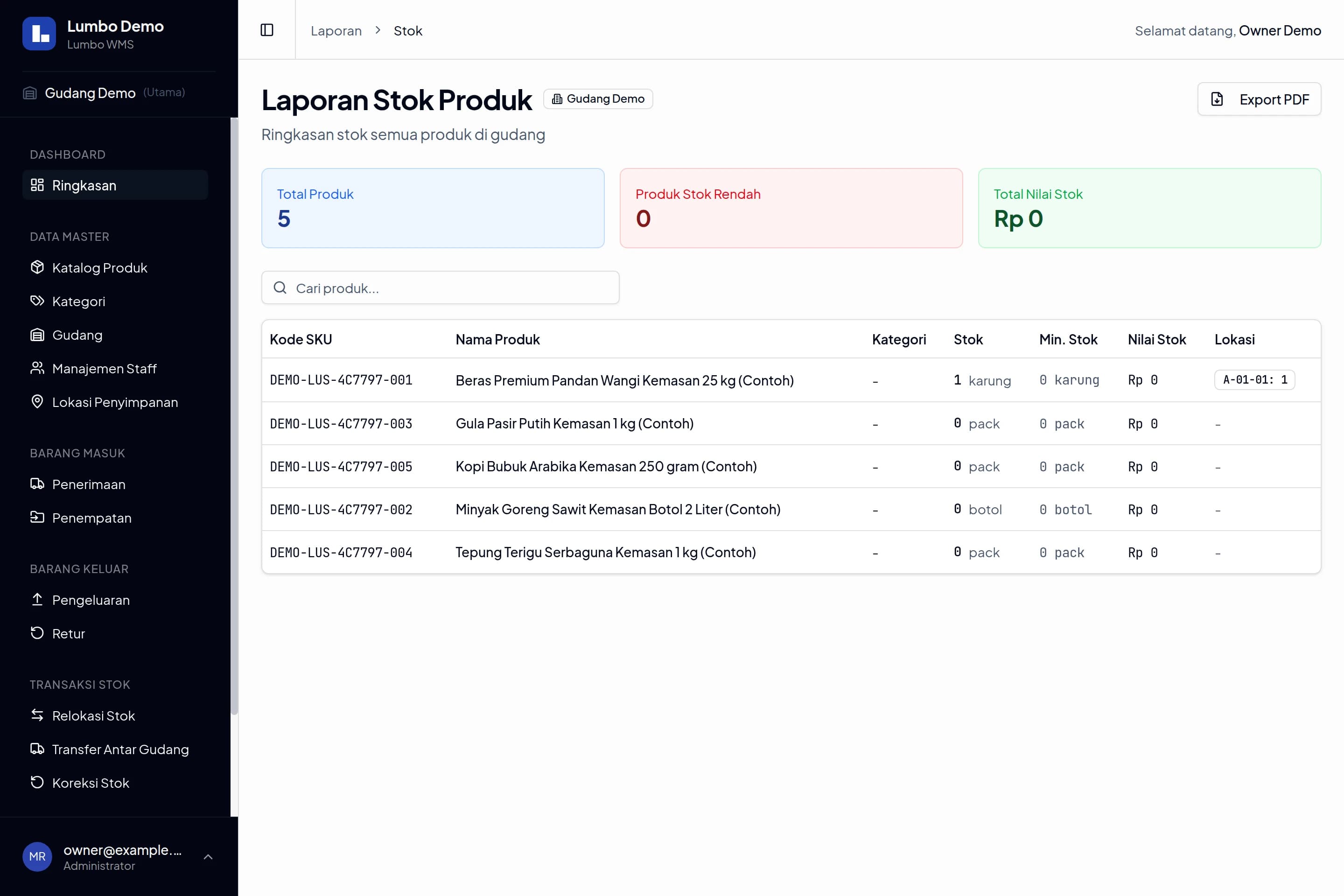 Laporan Stok Produk Lumbo berisi ringkasan, produk demo, stok, nilai stok, lokasi, dan tombol Export PDF