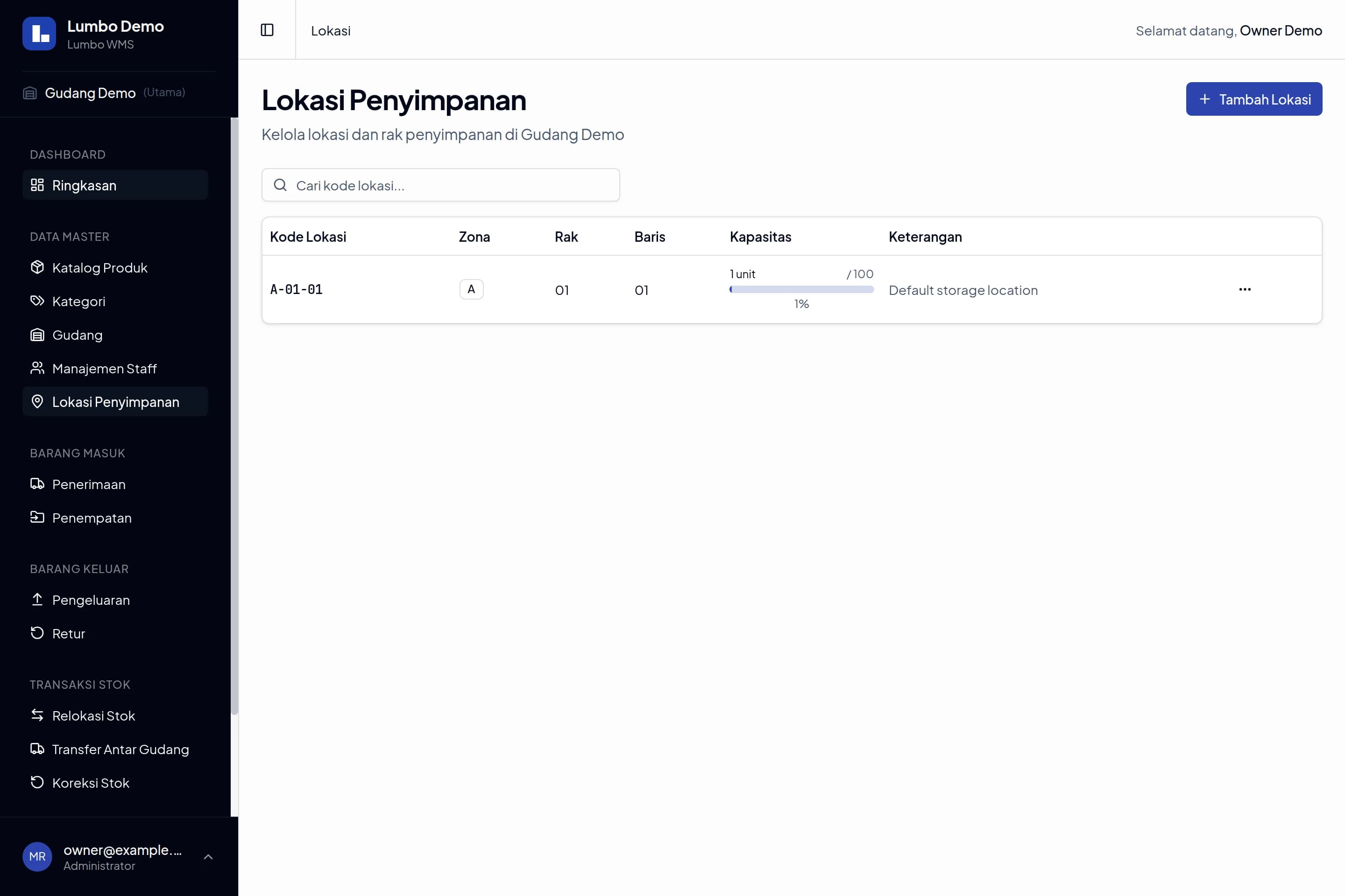 Lokasi Penyimpanan Lumbo dengan kode A-01-01, zona, rak, baris, dan pemakaian kapasitas