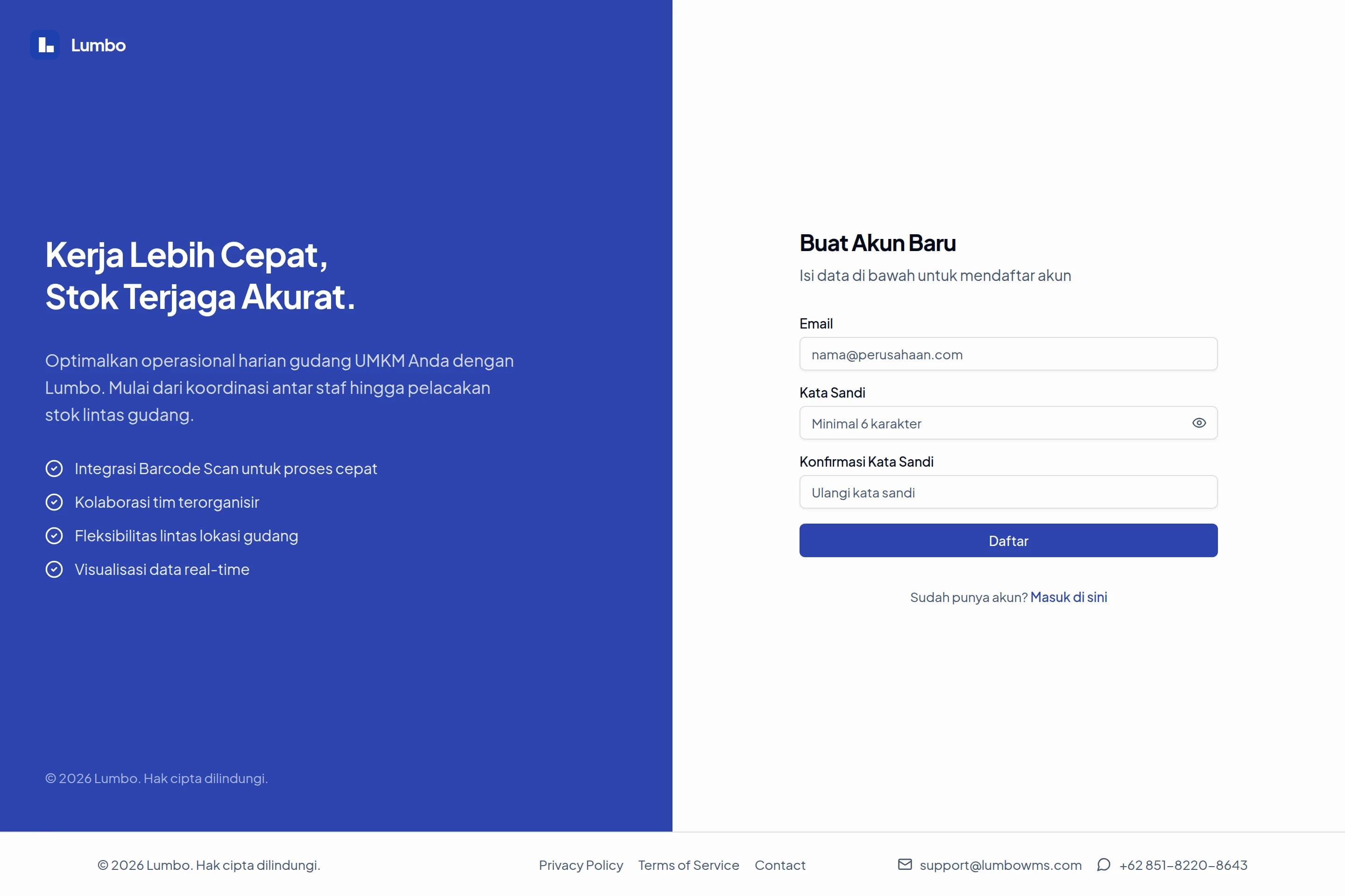 Halaman pendaftaran Lumbo dengan kolom email, kata sandi, dan konfirmasi kata sandi