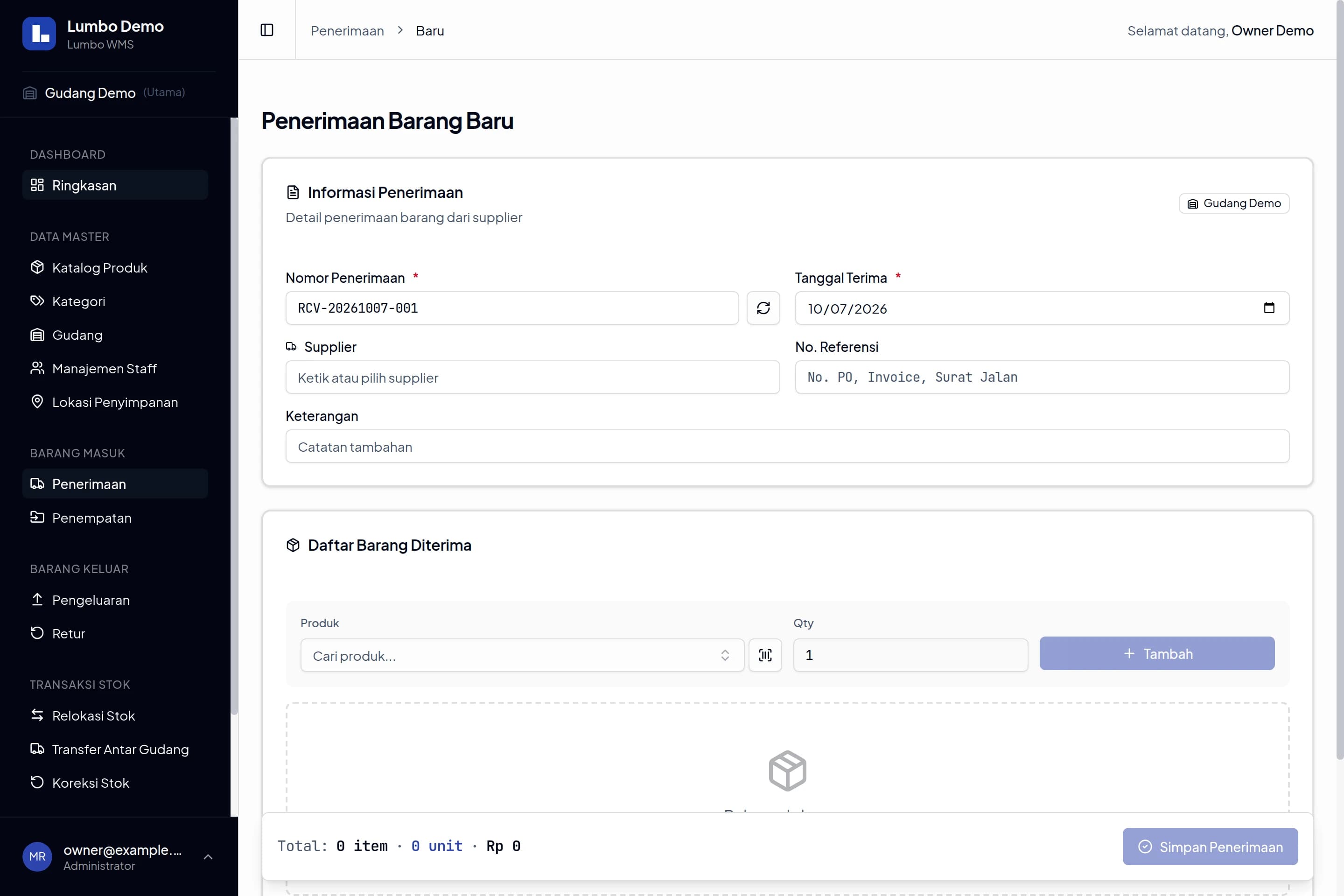 Form penerimaan baru dengan informasi supplier, tanggal, dan daftar barang diterima