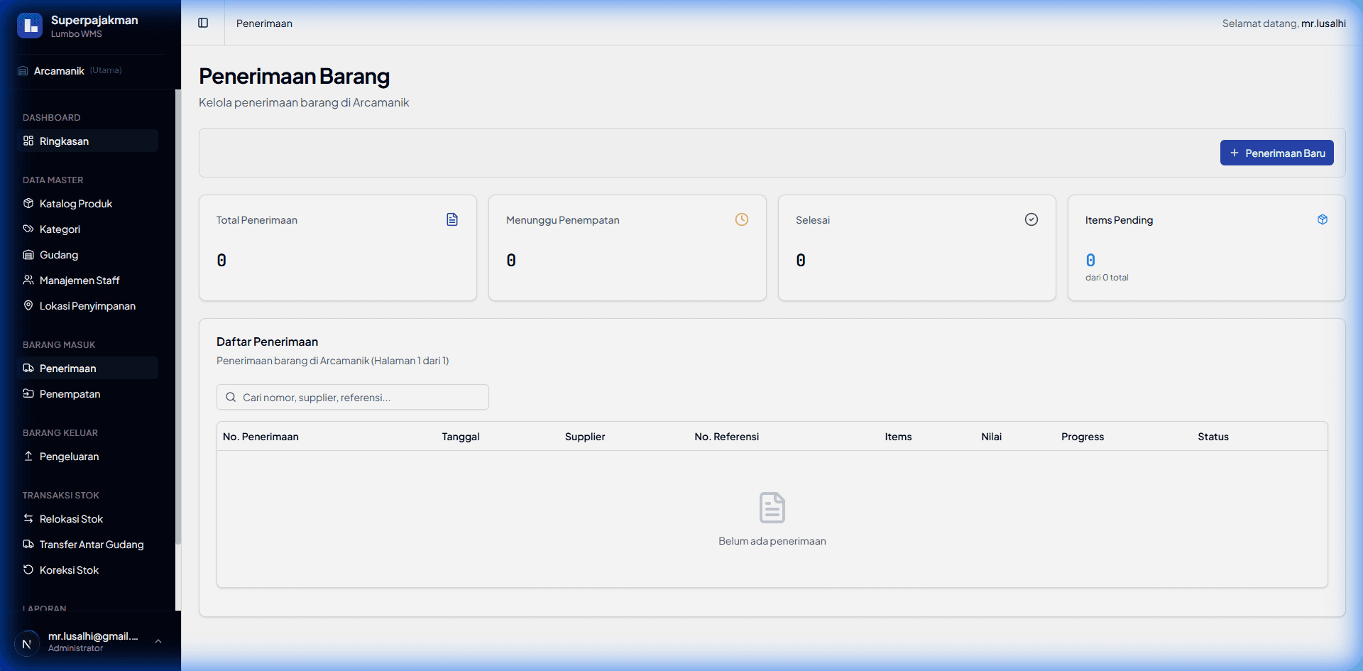 Tampilan halaman daftar penerimaan barang dengan tabel transaksi dan filter status