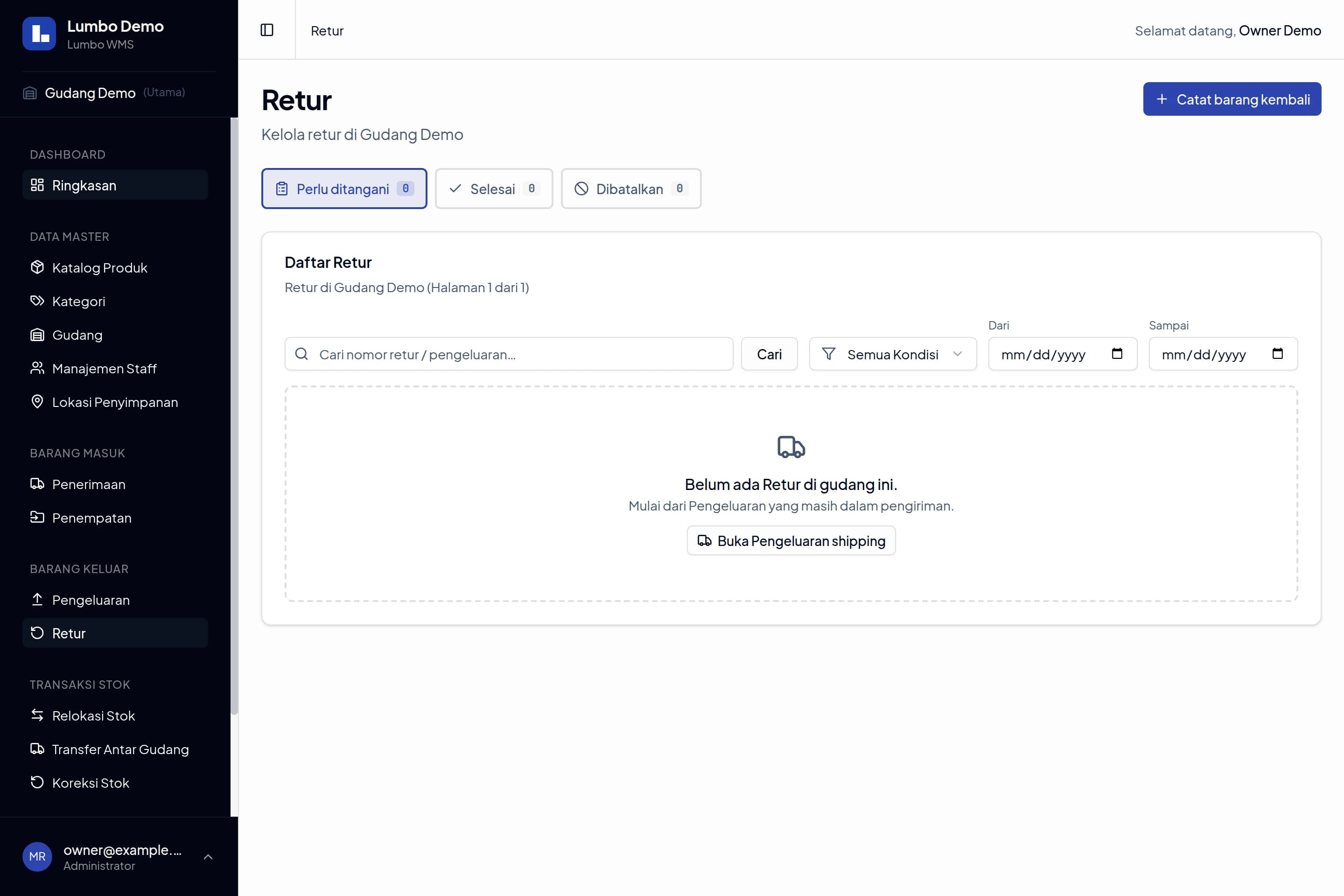 Daftar Retur Lumbo dengan tab Perlu ditangani, Selesai, Dibatalkan, dan filter kondisi
