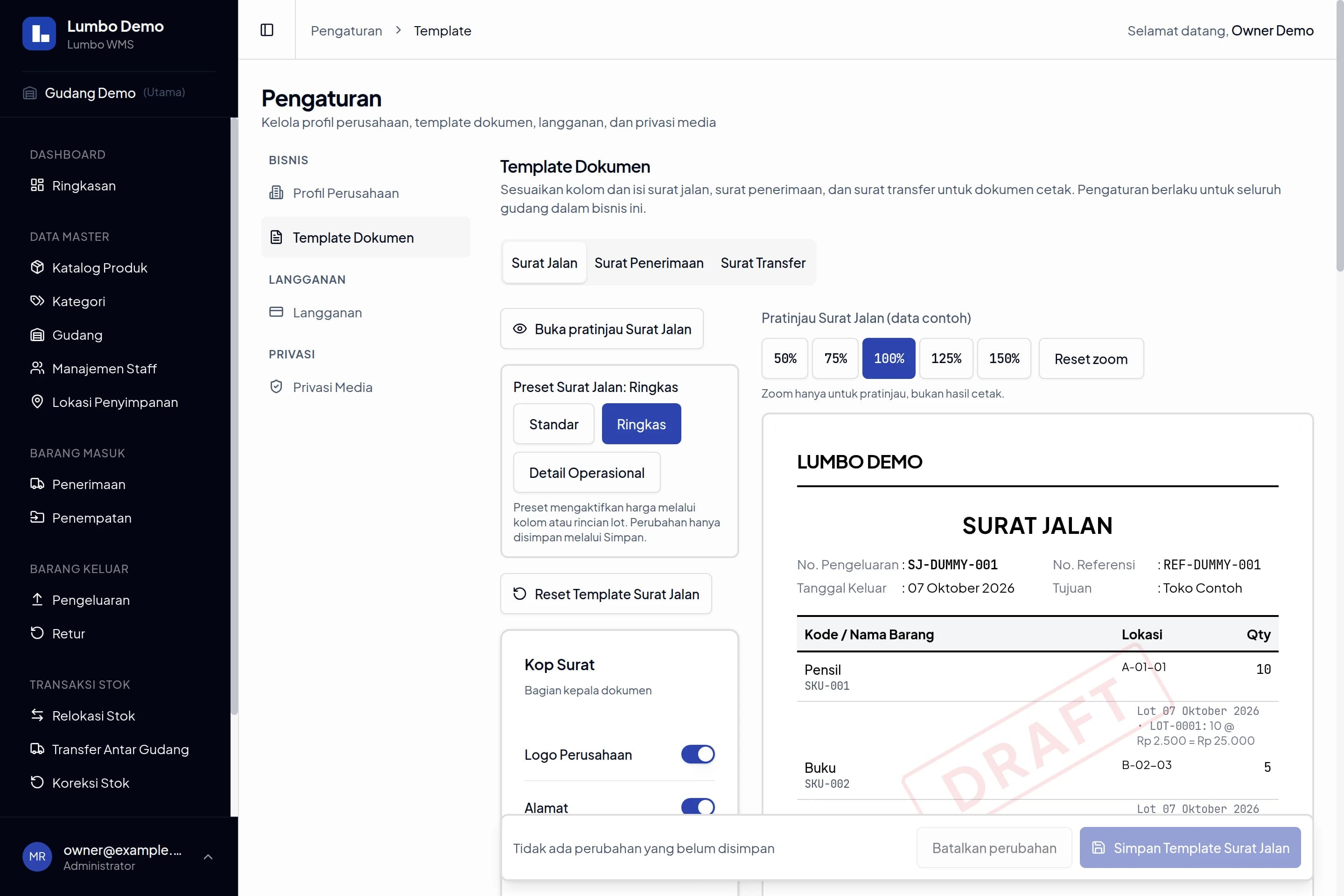 Editor Template Dokumen Lumbo dengan tab jenis surat, pilihan preset, sakelar kop surat, dan pratinjau