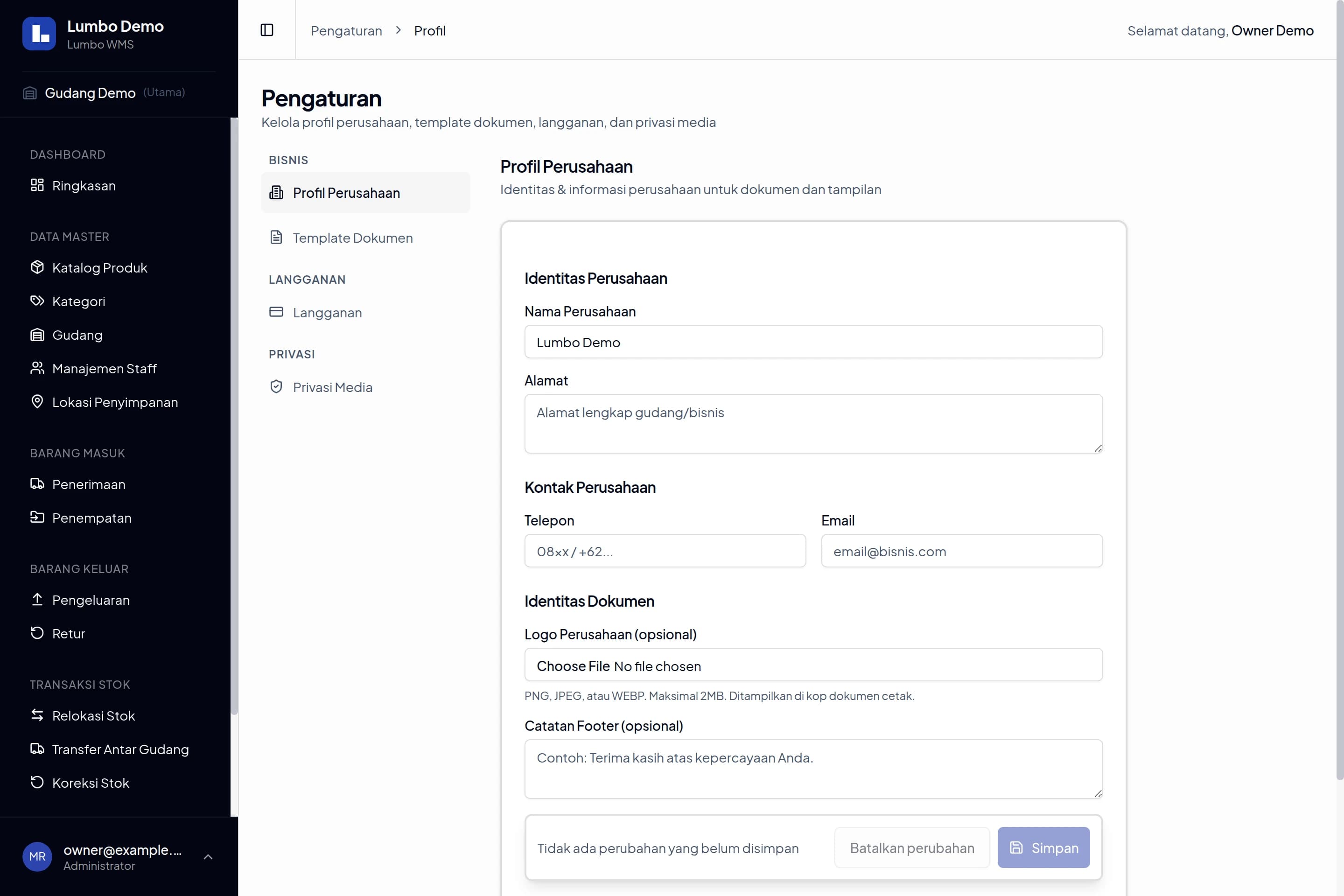Profil Perusahaan Lumbo dengan kolom identitas, kontak, logo, dan catatan footer